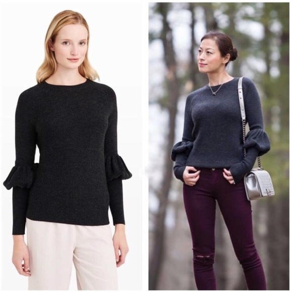 Club Monaco Ellodie Grey Wool Ruffle Puff Sleeve Knit Sweater XS - Picture 1 of 12